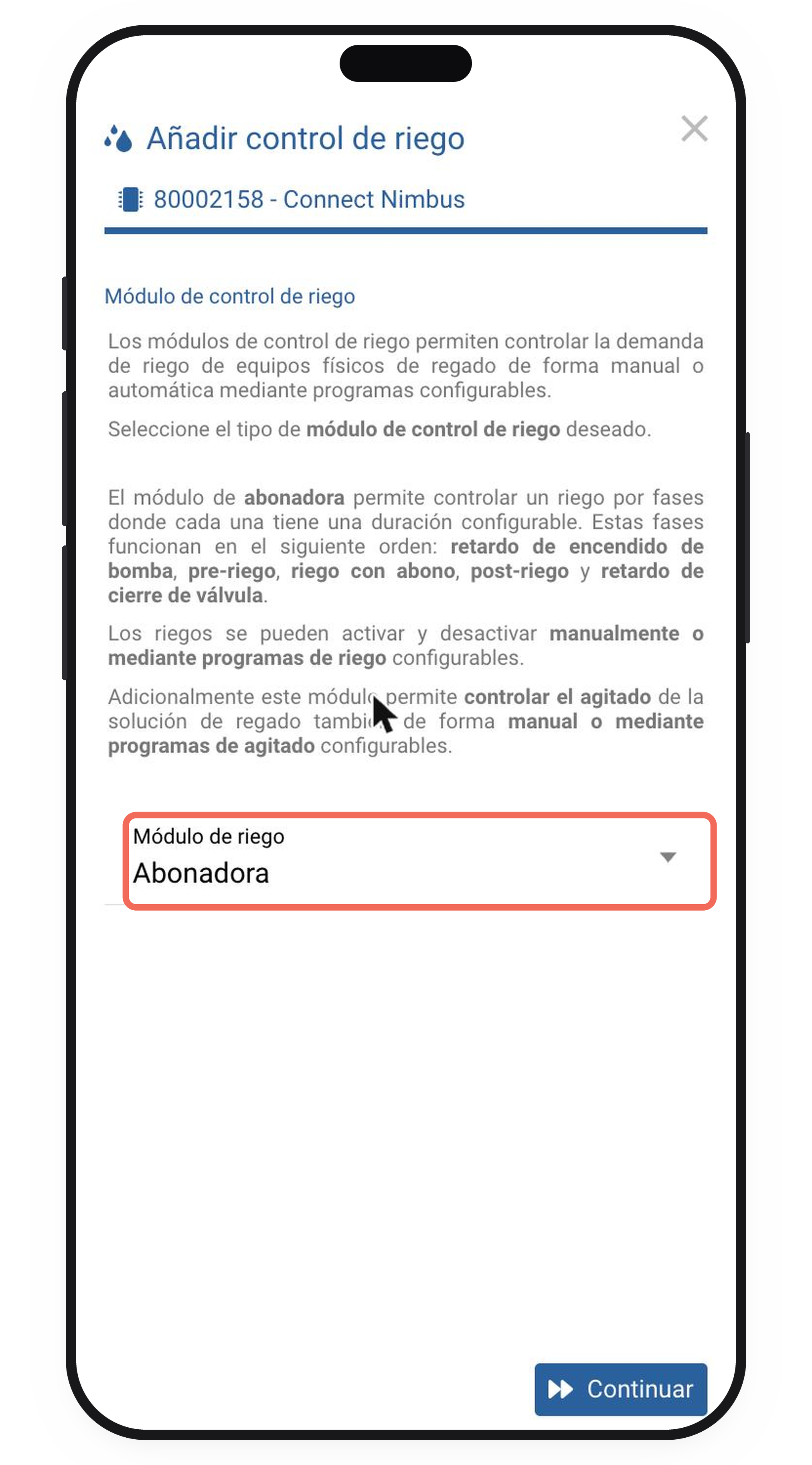 Módulo de riego con Abonadora elegida