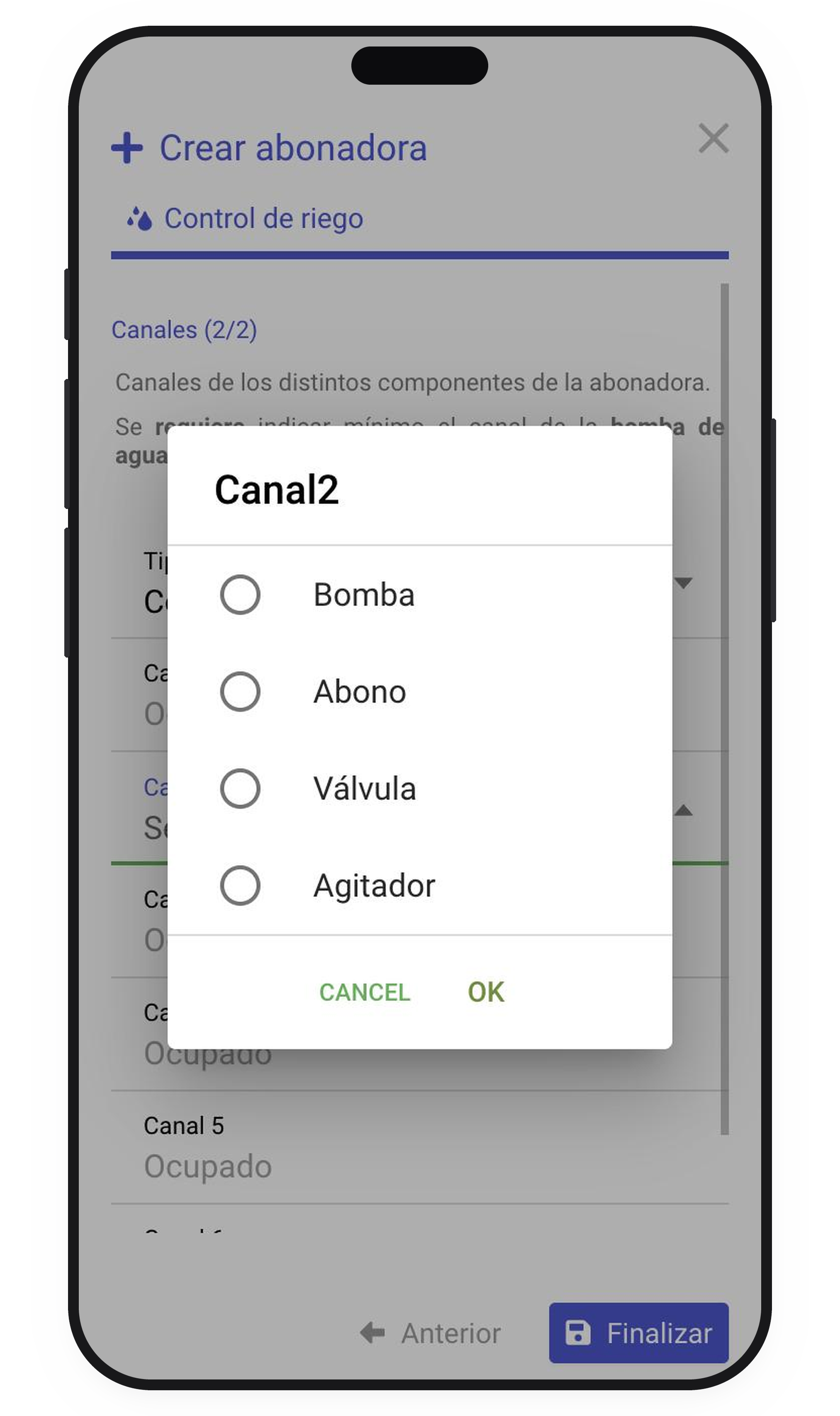 Componentes disponibles para el canal