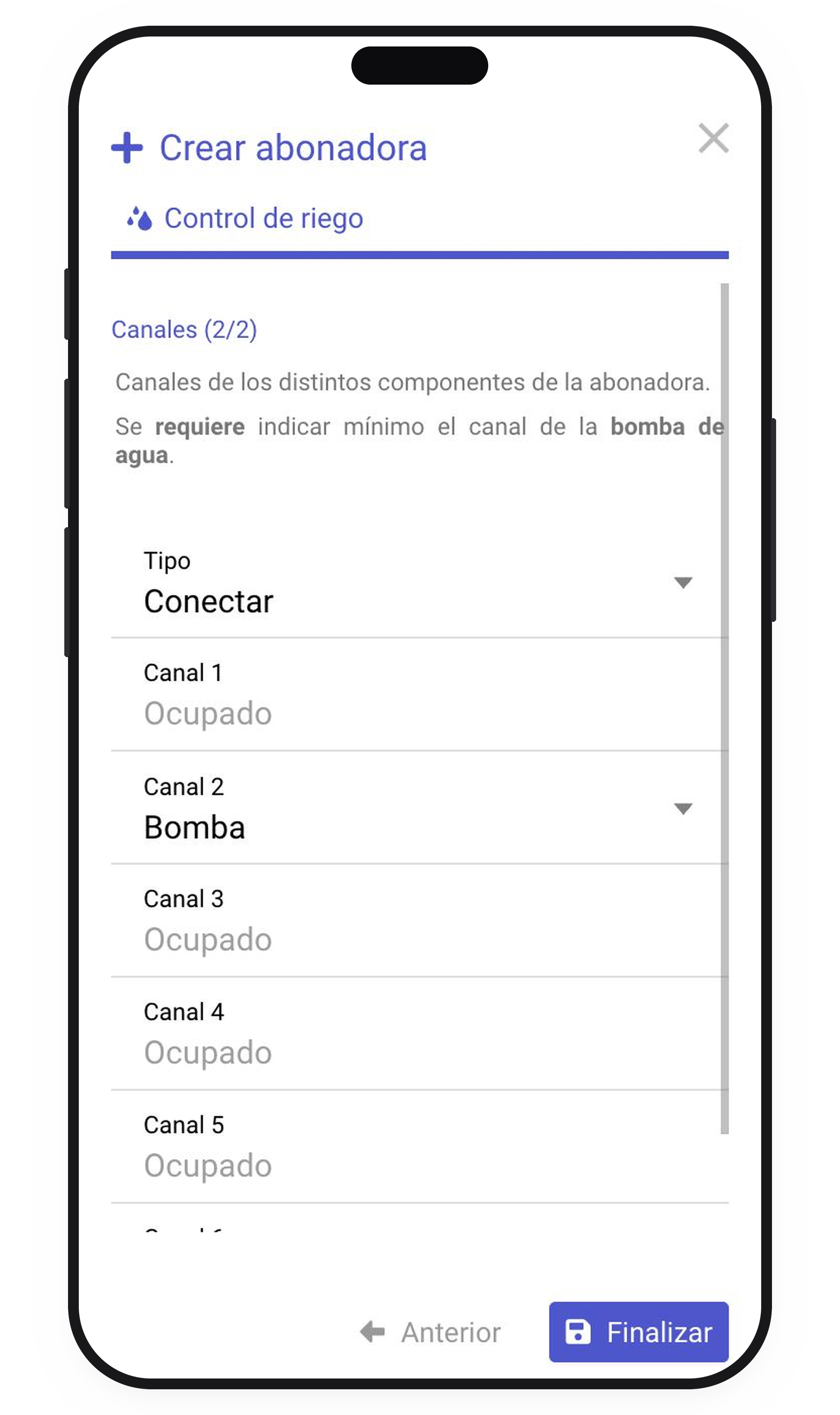 Canal asignado a la bomba