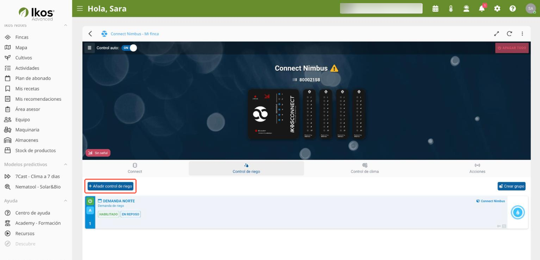 Botón Añadir control de riego en web