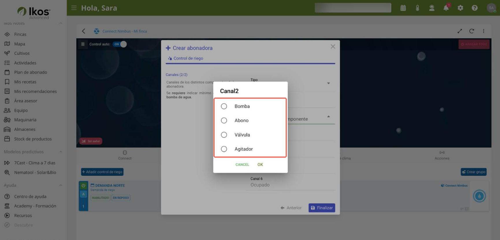 Diálogo de selección de componente en web