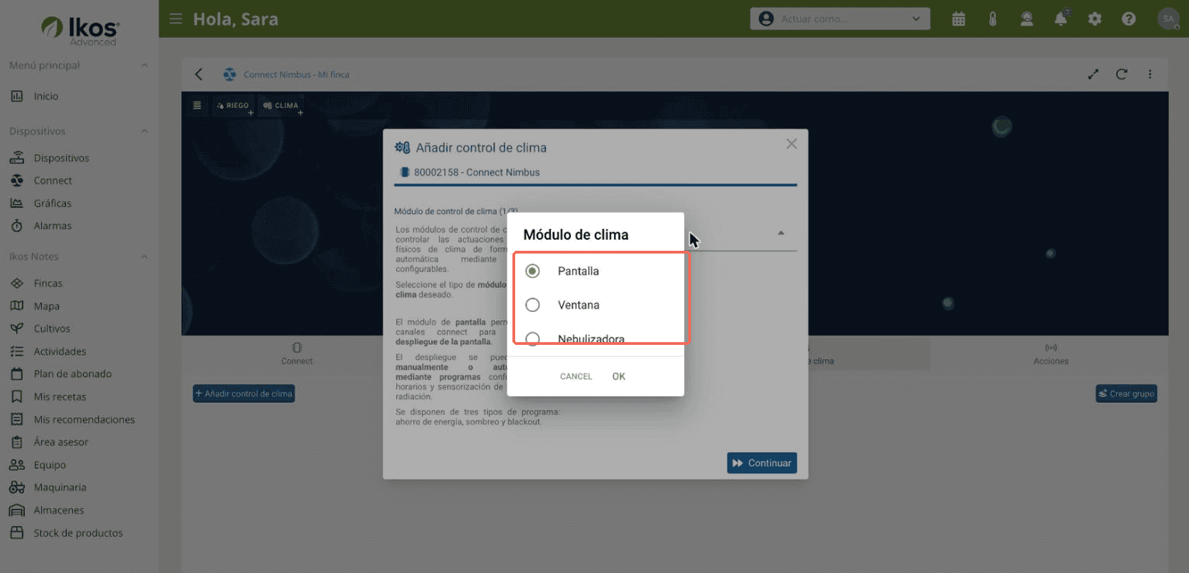 Opciones del desplegable Módulo de clima