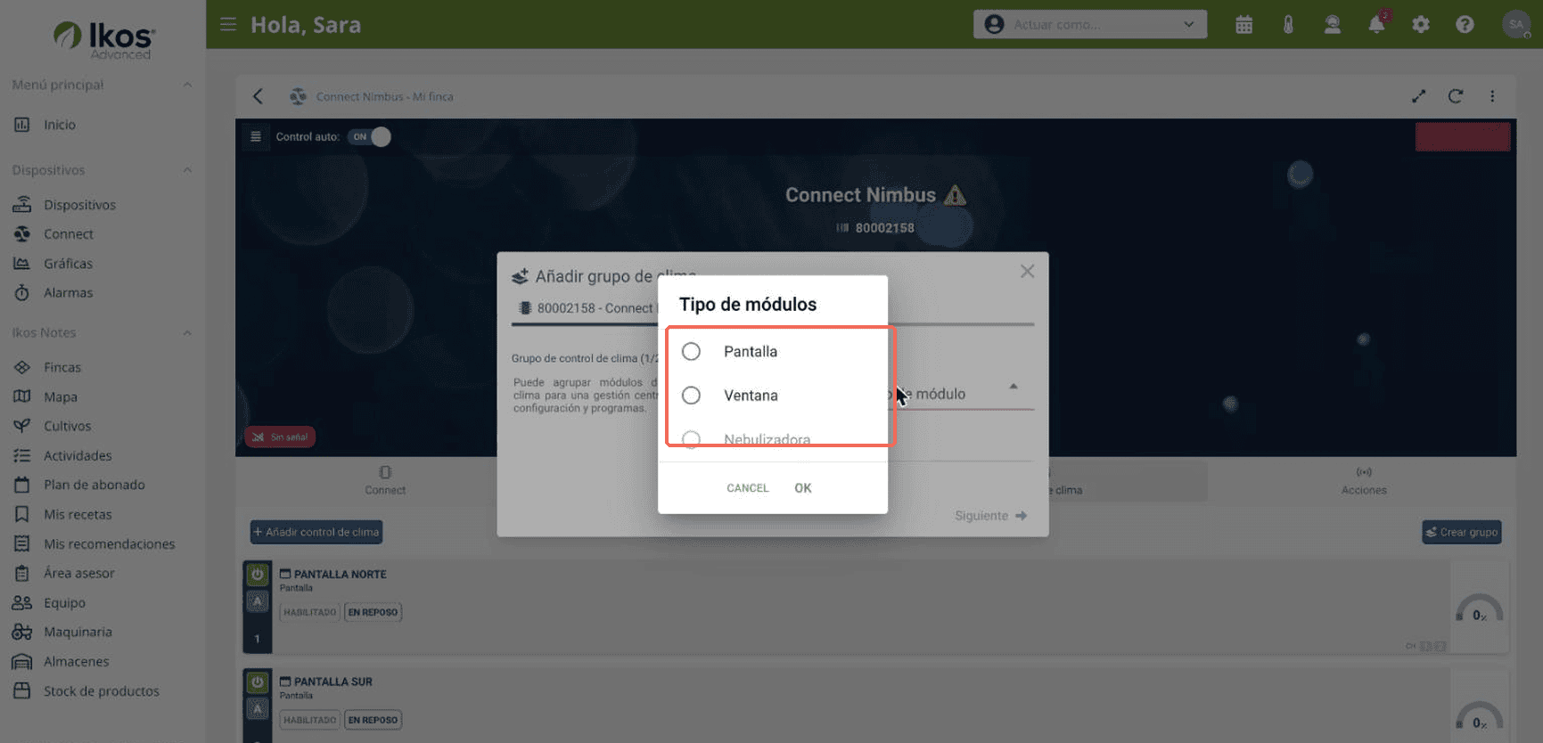 Tipos de módulos disponibles para el grupo