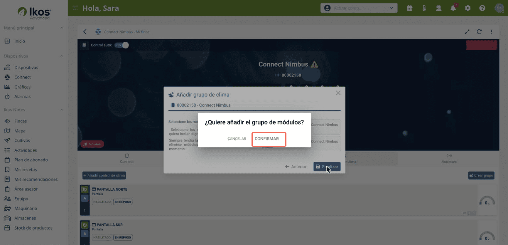 Ventana de confirmación para añadir el grupo de módulos