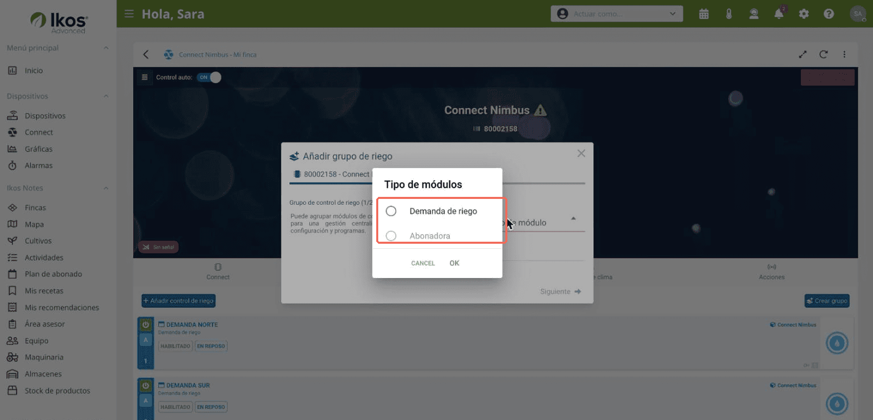 Tipos de módulos disponibles para el grupo de riego