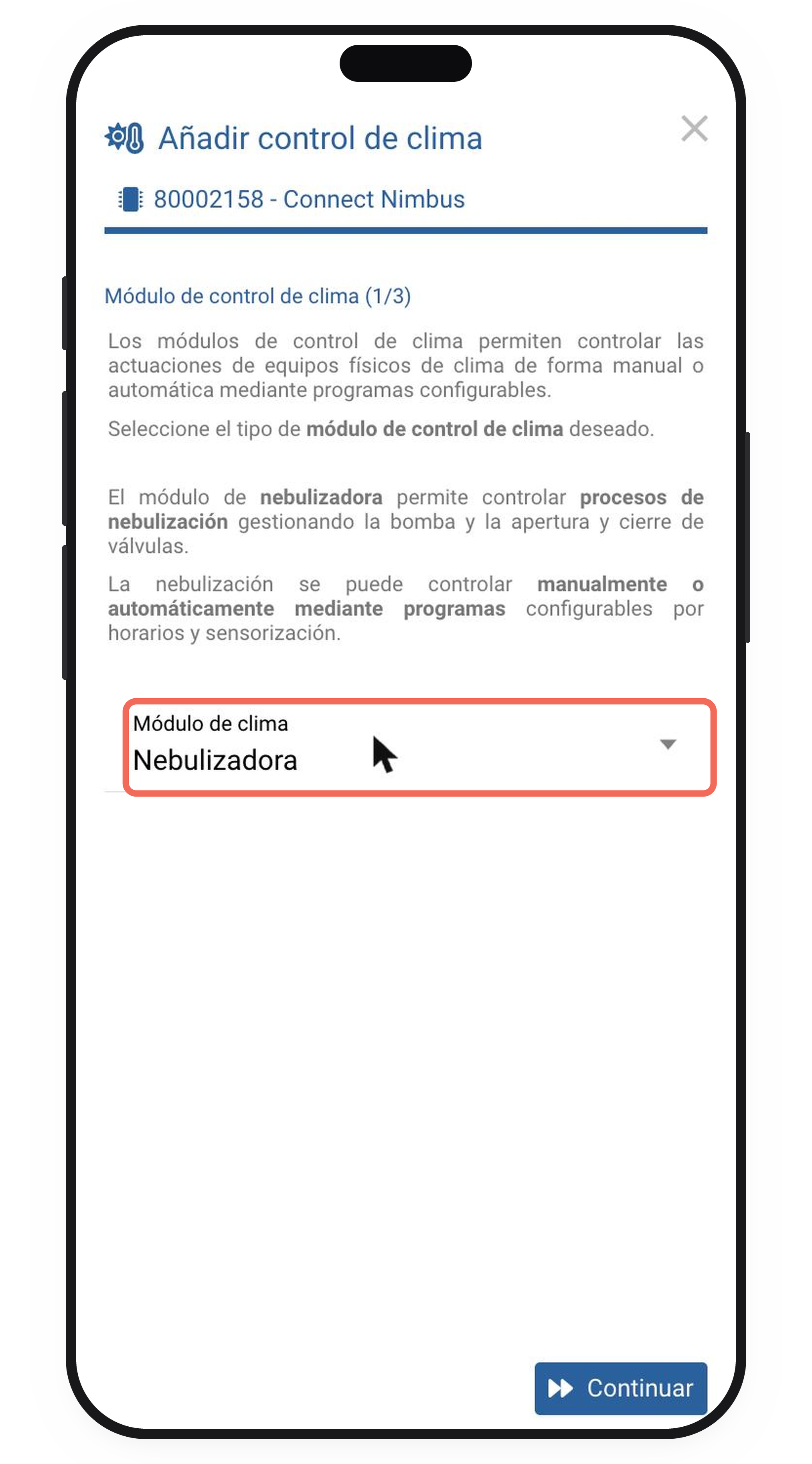 Módulo de clima con Nebulizadora elegida