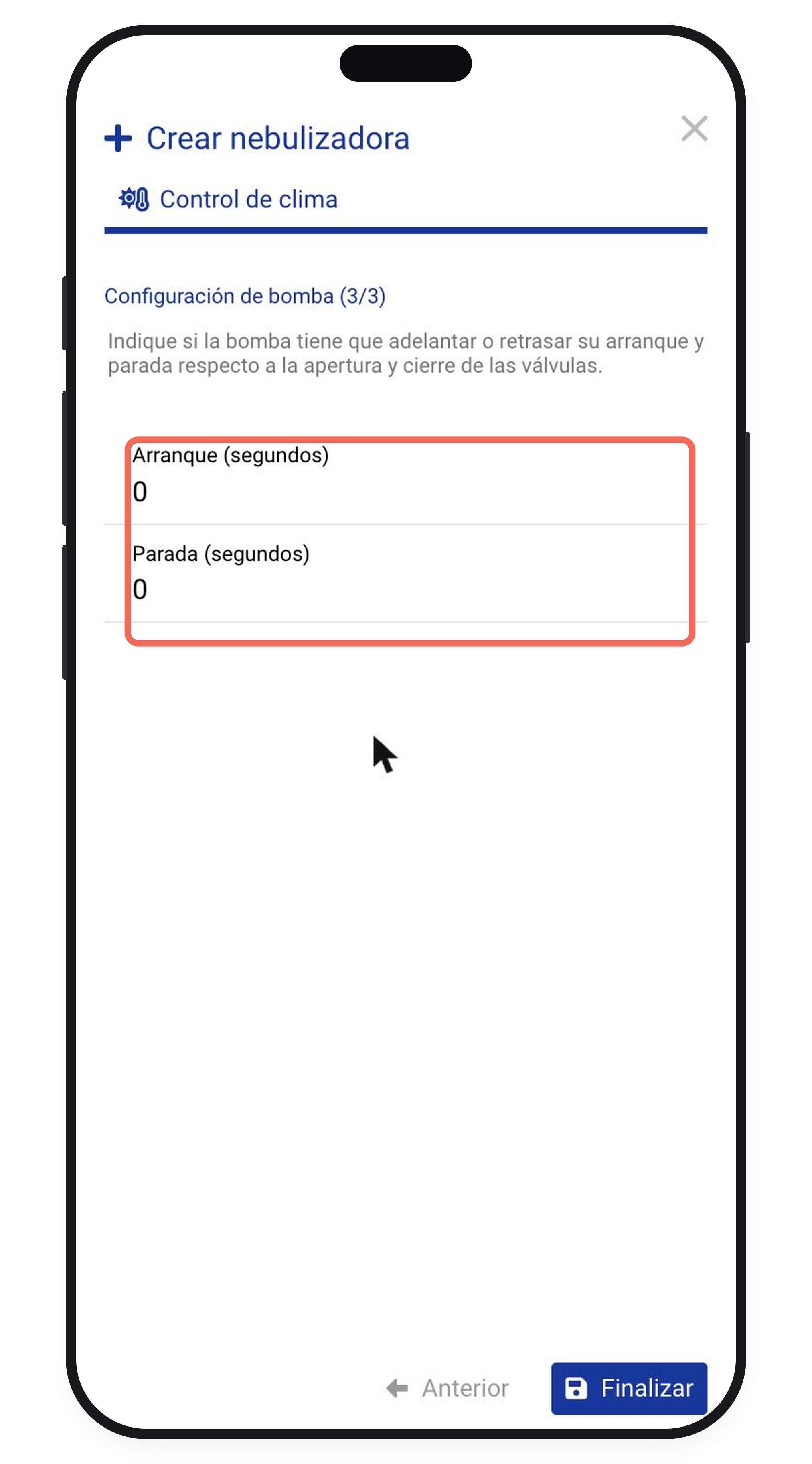 Configuración de arranque y parada de la bomba