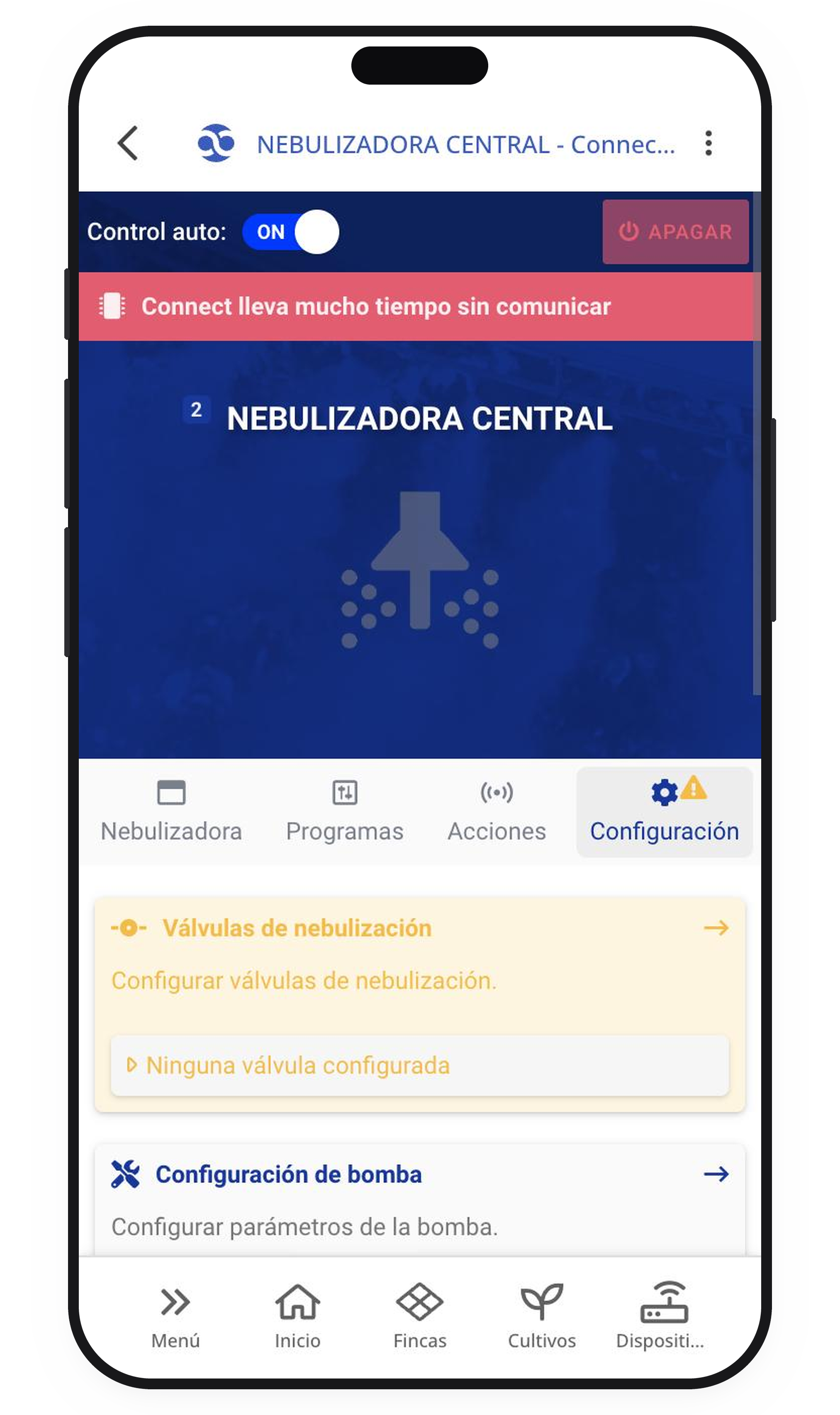 Configuración con el aviso de válvulas sin configurar
