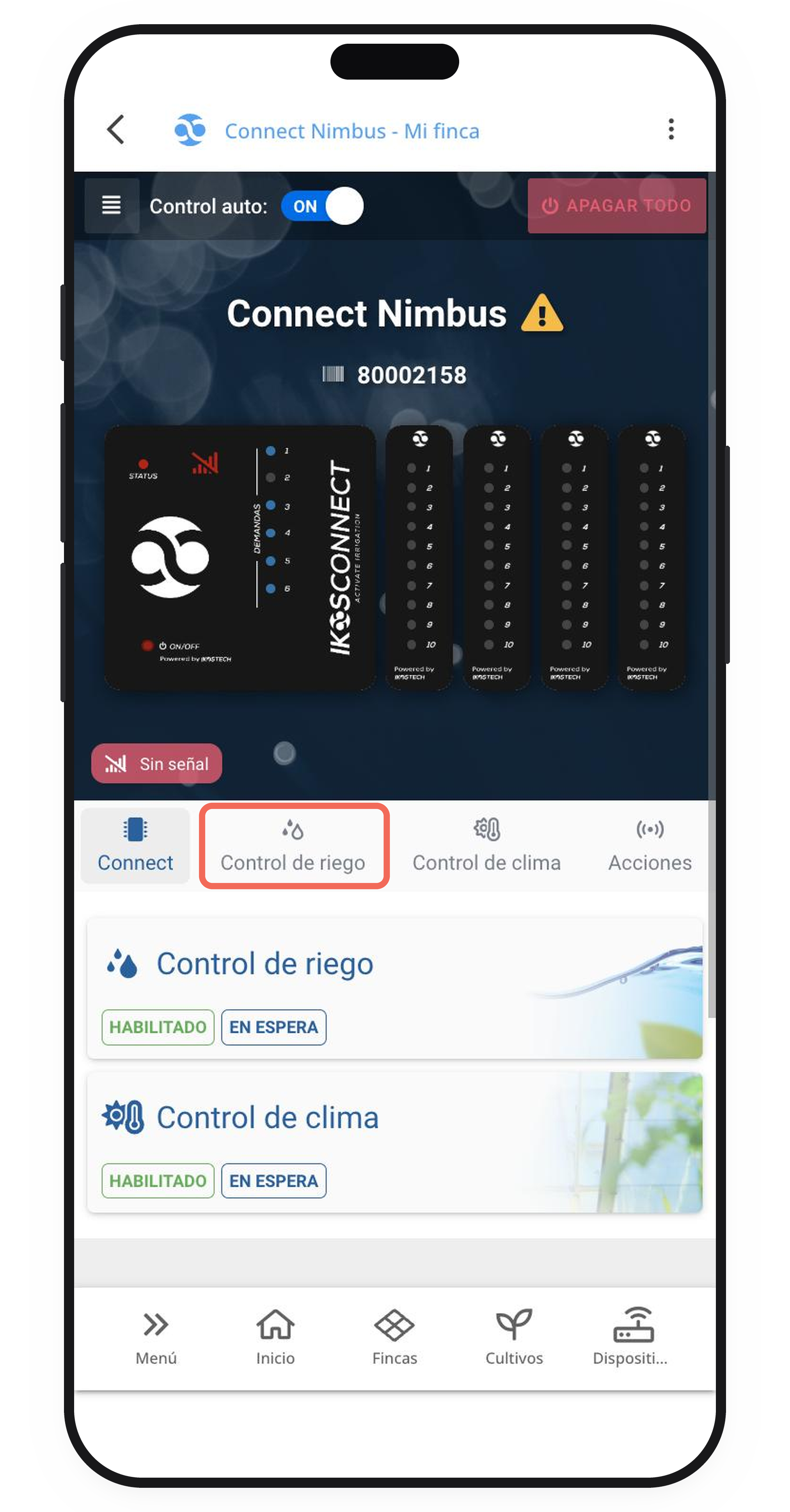 Pestaña Control de riego en la ficha del Connect