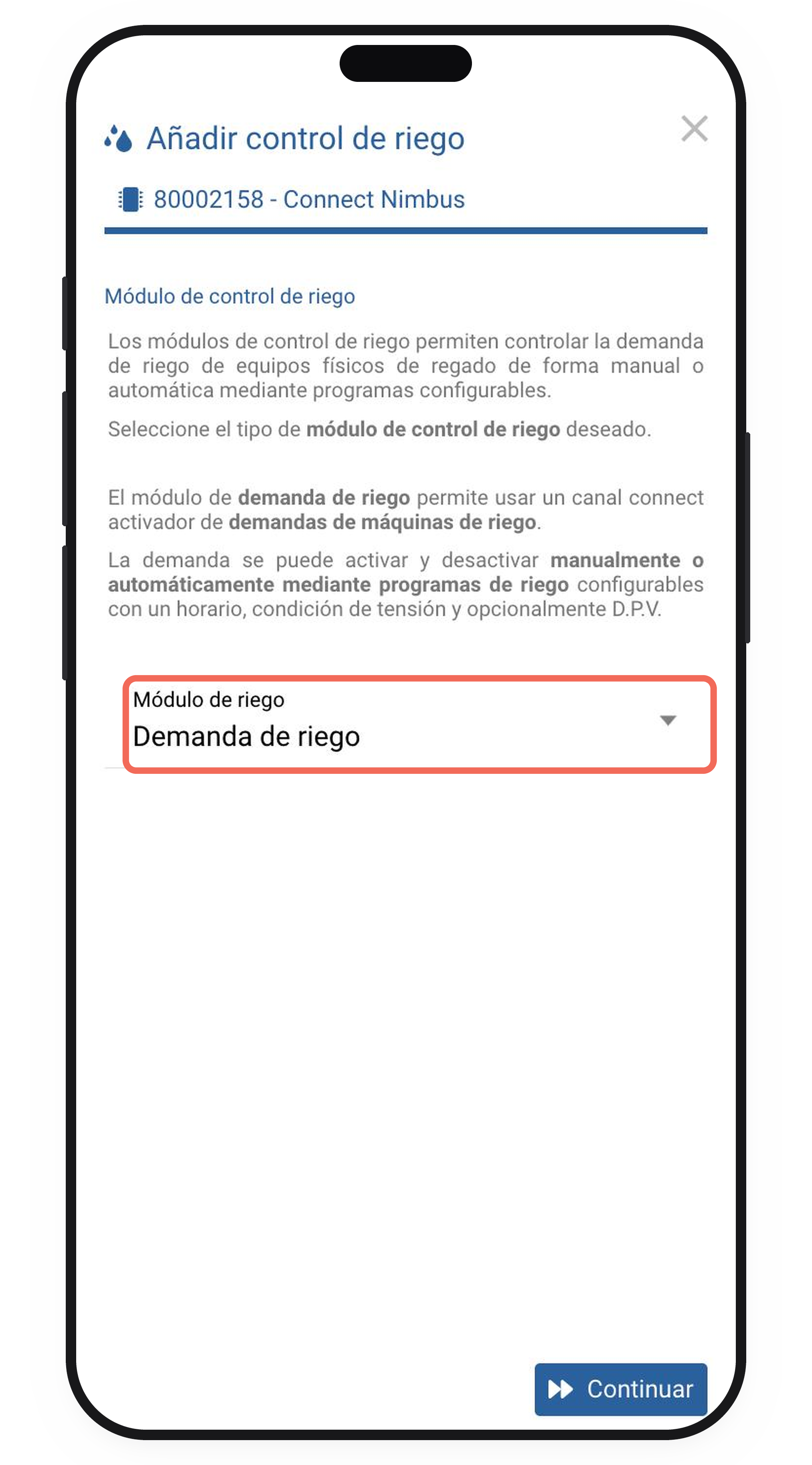 Selector de módulo de riego con Demanda de riego