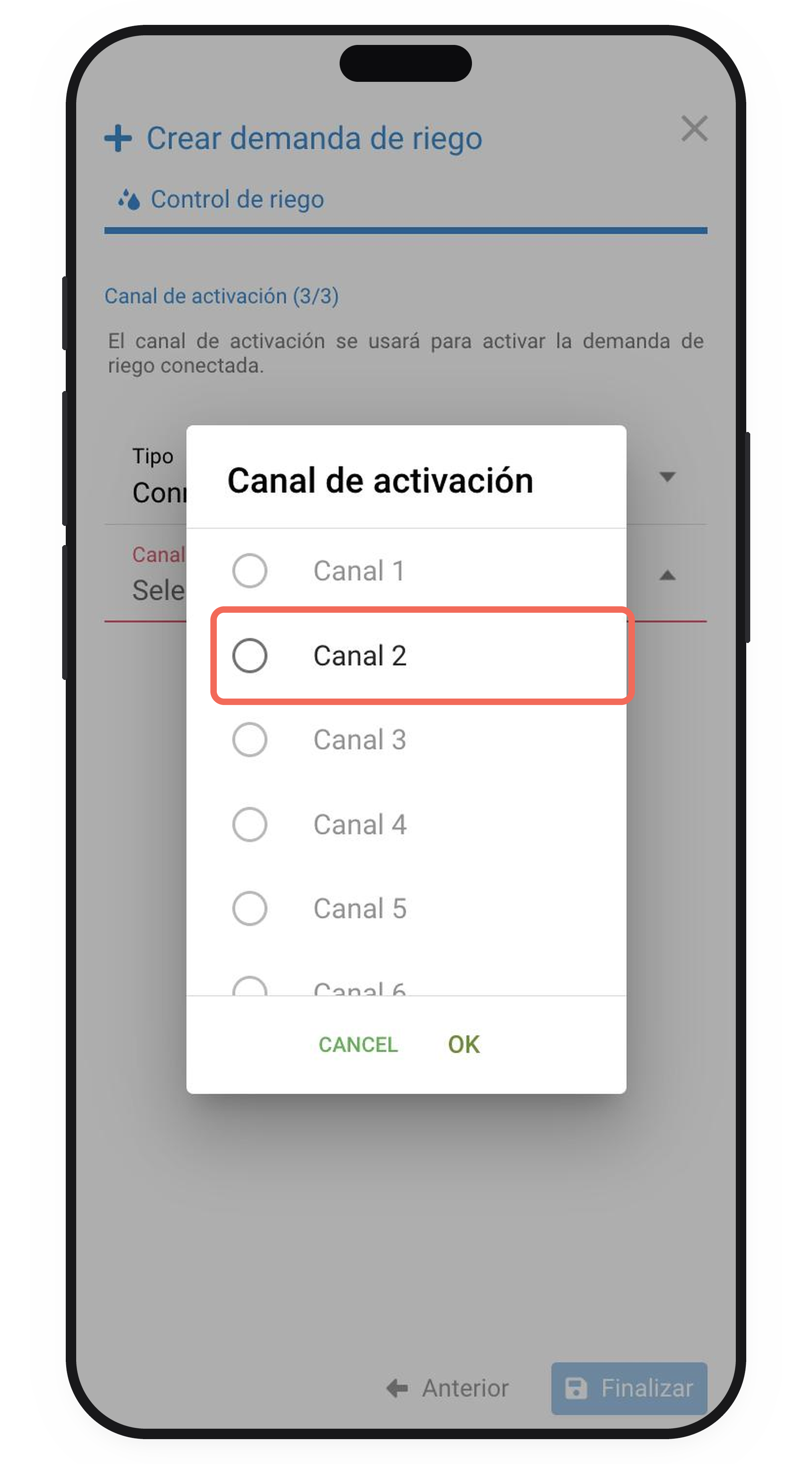 Lista de canales con los ocupados en gris