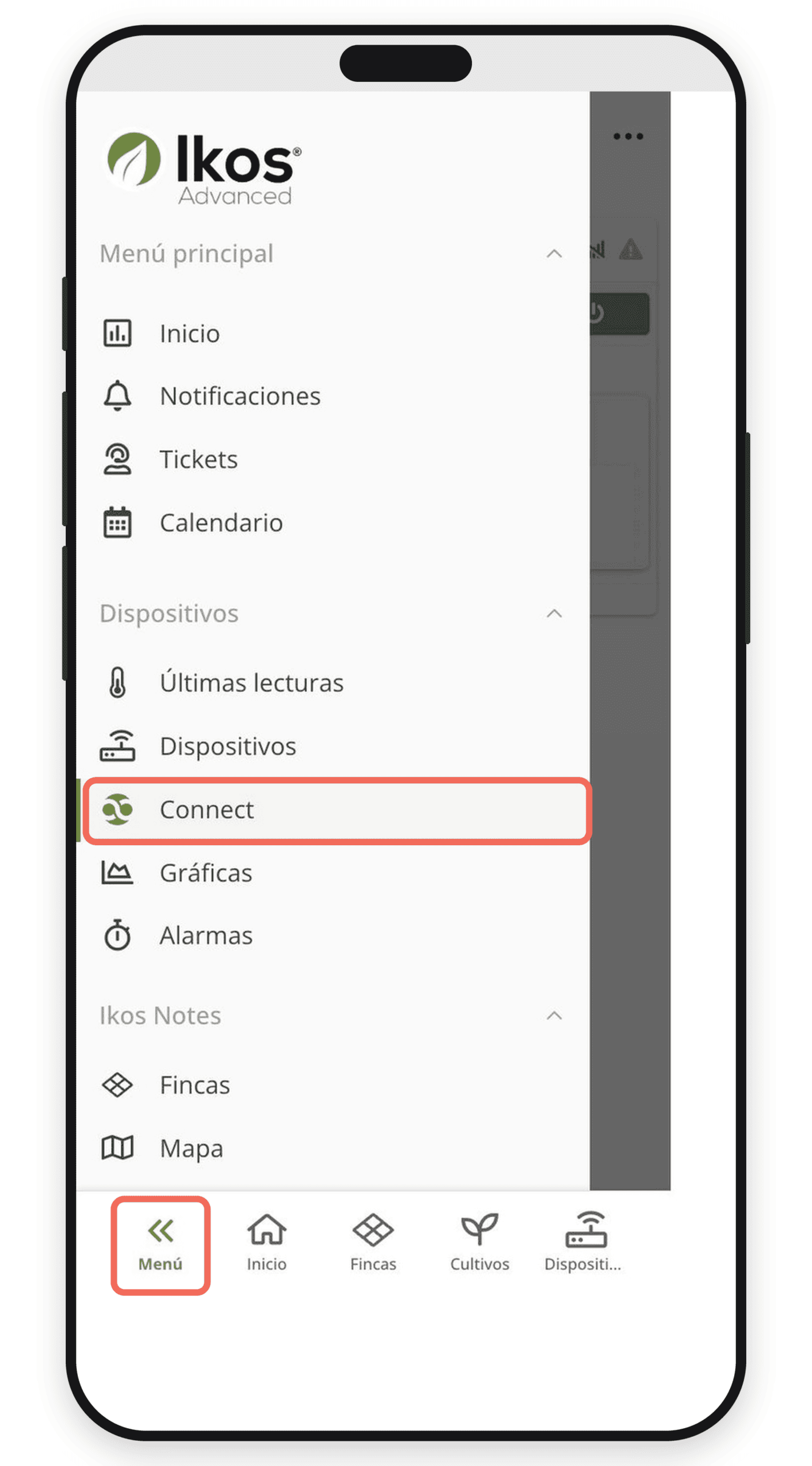 Menú de la app móvil con la opción Connect
