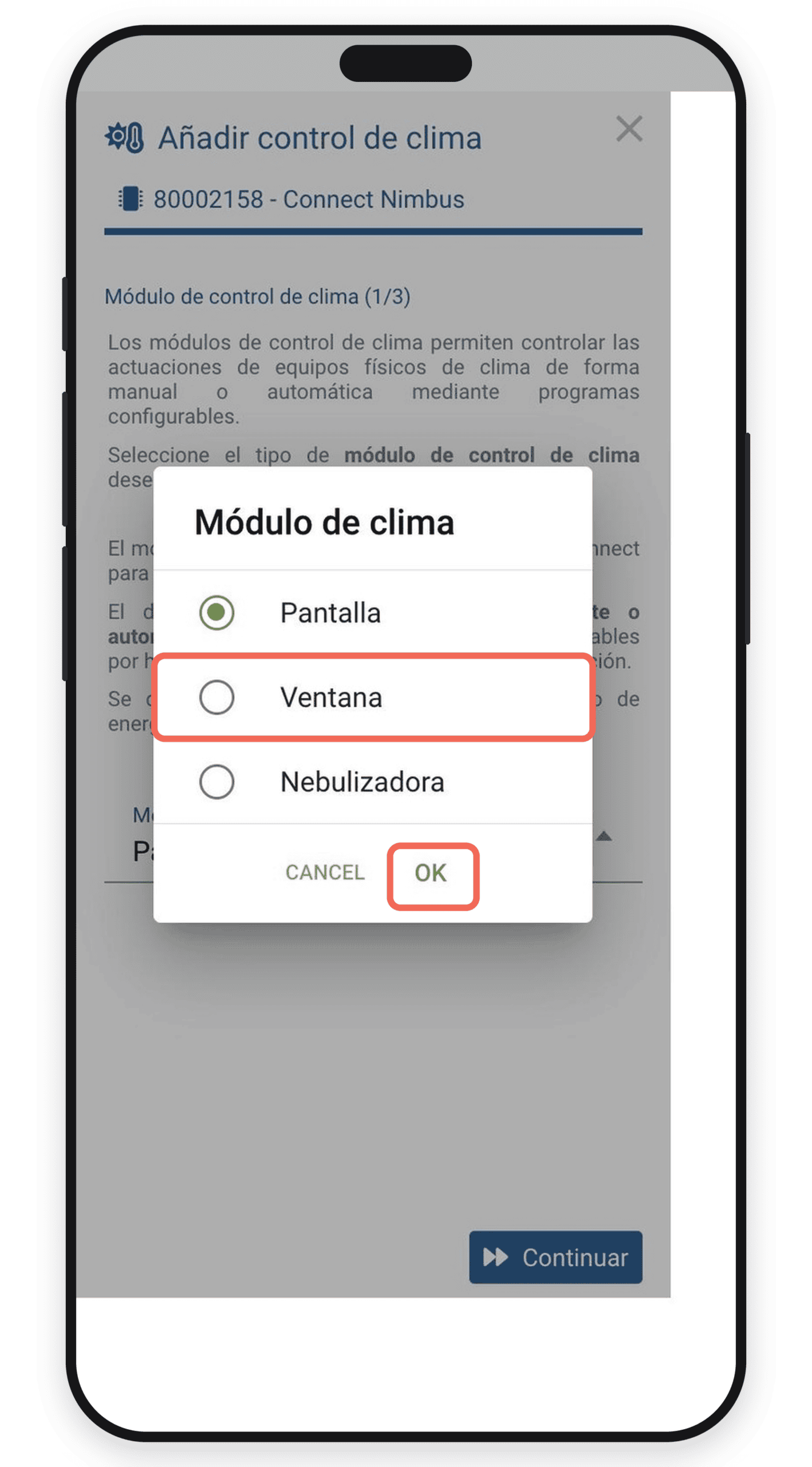 Selector del módulo de clima con la opción Ventana