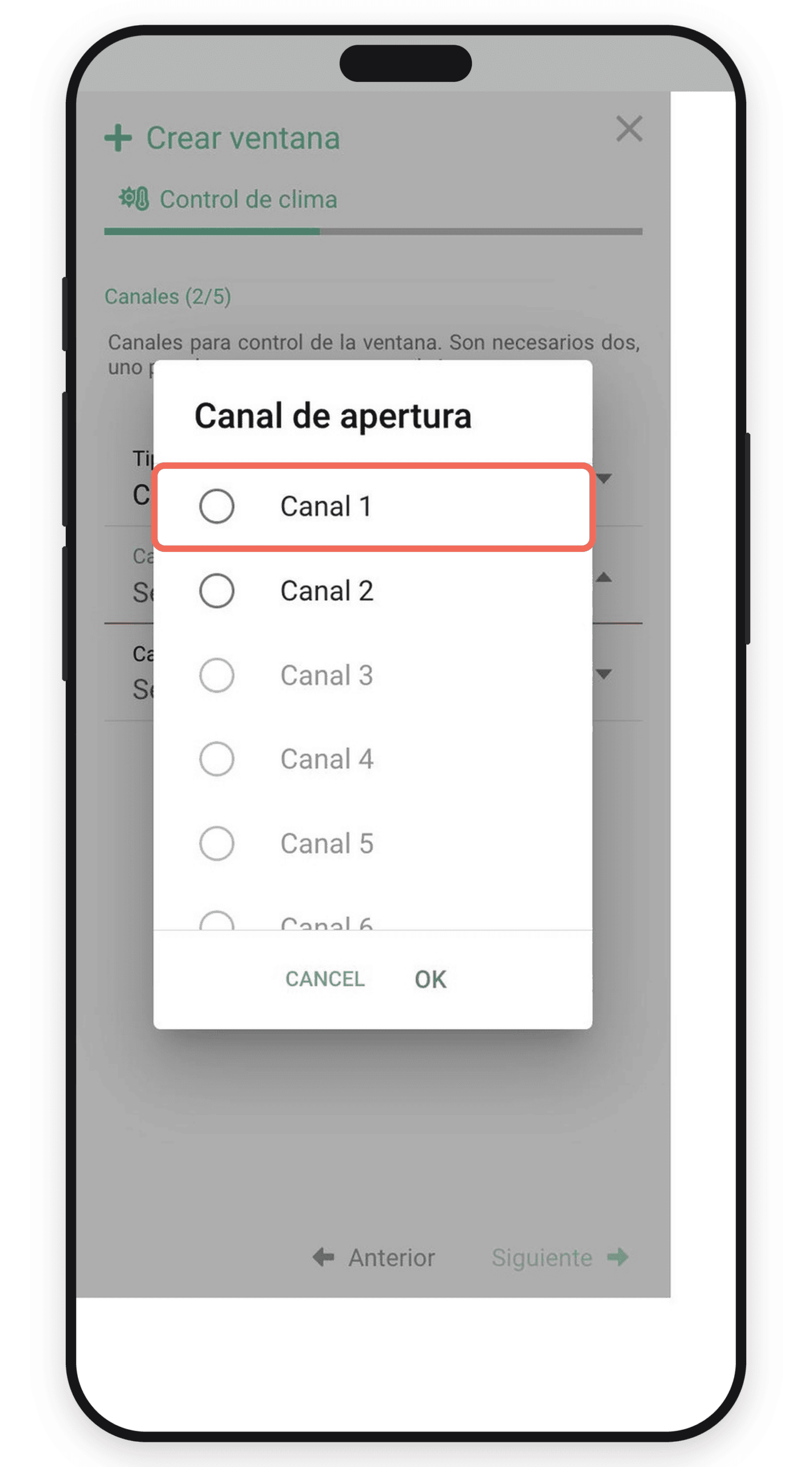 Listado de canales del connect con los ocupados en gris
