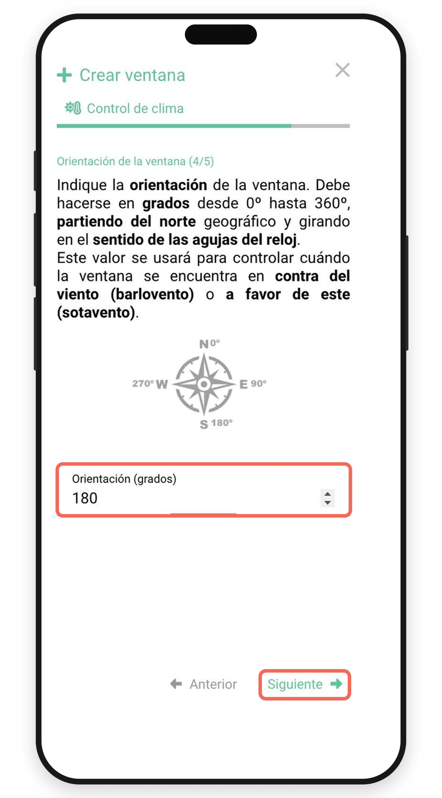 Paso de orientación de la ventana con la rosa de los vientos