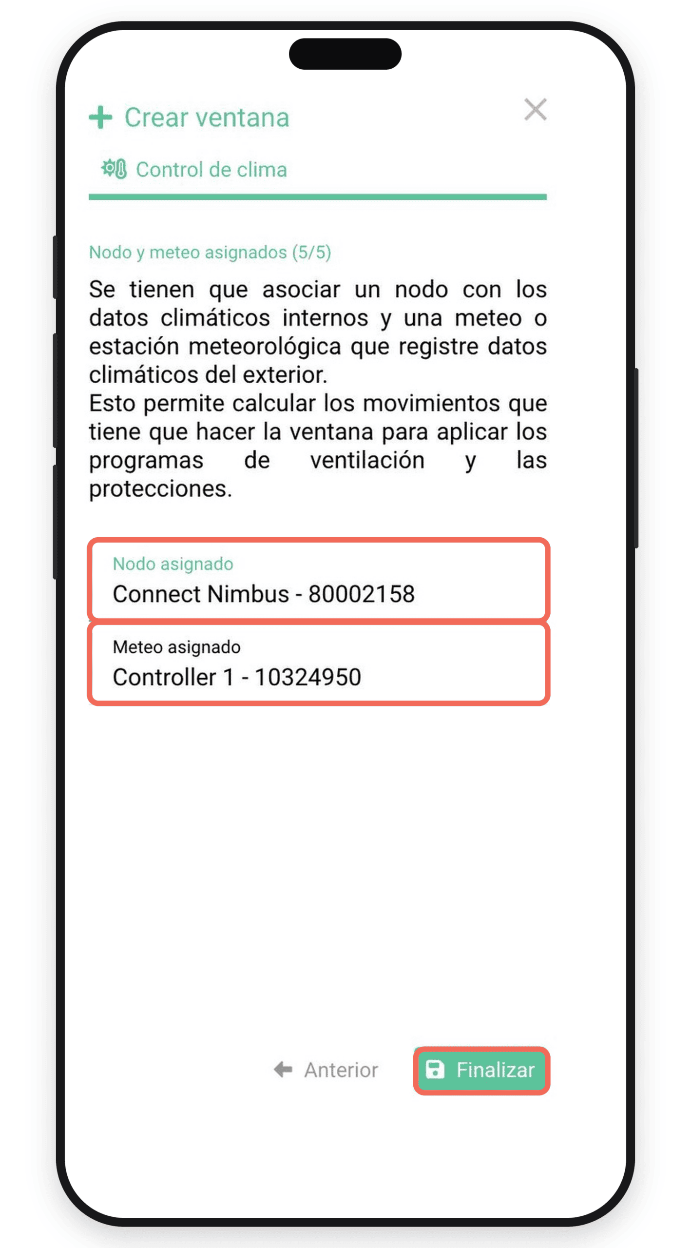 Nodo y meteo asignados y botón Finalizar